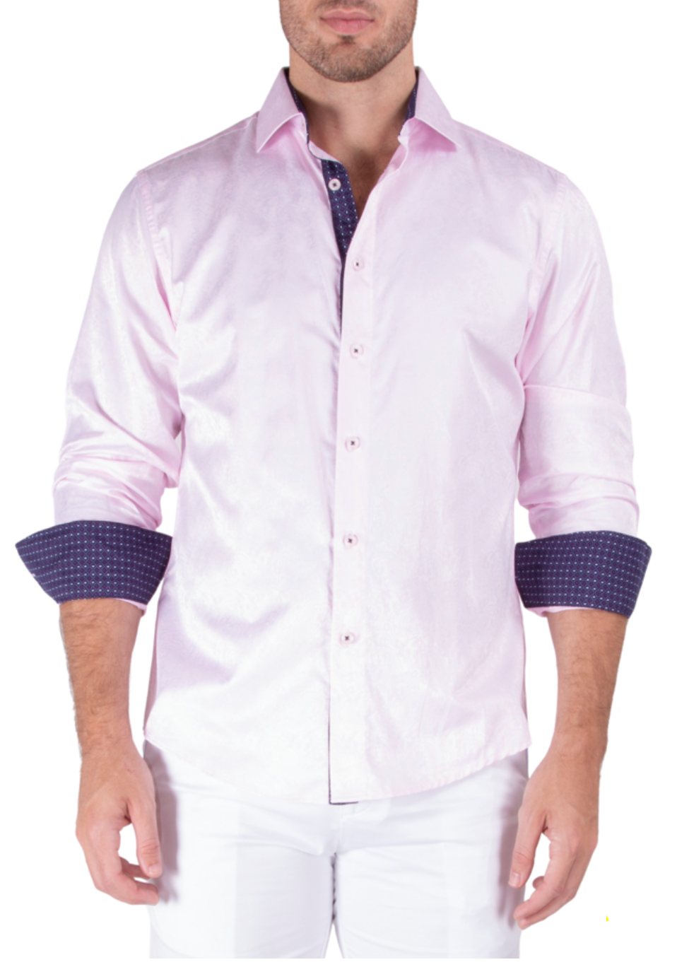 212204 - Men's Paisley Texture Solid Pink Button Up Long Sleeve Dress Shirt